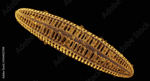 Detailed close-up of a diatom with intricate patterns and textures against a black background