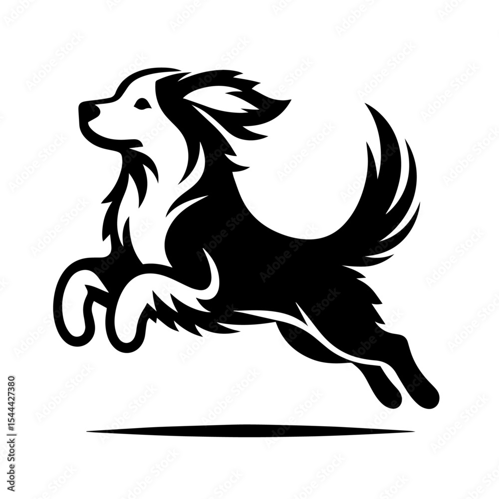 Fototapeta premium Black and white vector silhouette of a dog jumping on white background