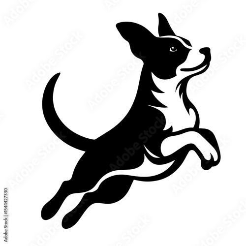 Black and white vector silhouette of a dog jumping on white background