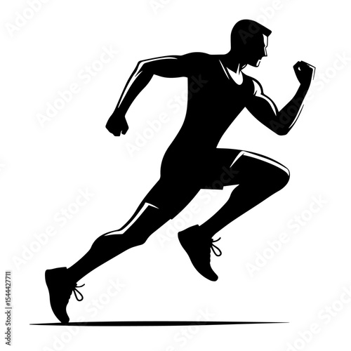 Black and white vector silhouette of a runner on white background