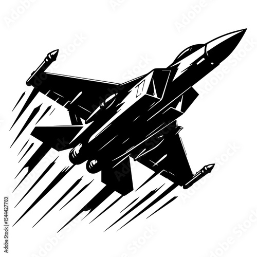 Black and white vector silhouette of a fighter jet on white background