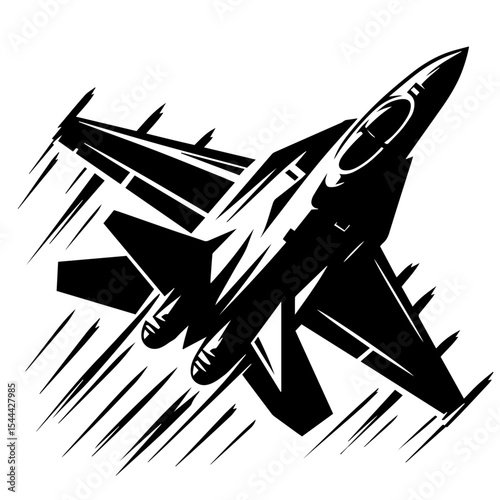 Black and white vector silhouette of a fighter jet on white background