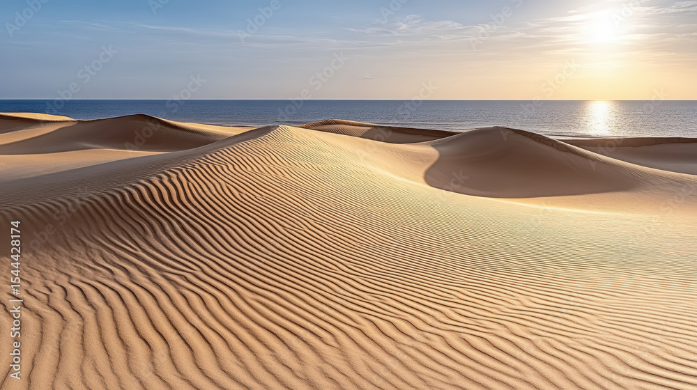 Naklejka premium Golden hour illuminates rolling dunes by shoreline, creating serene landscape