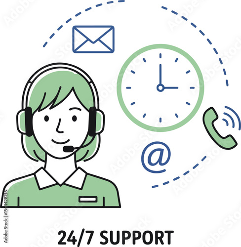 support vector – female operator with clock icon, email, phone and headset symbols – minimal clean style in soft green and blue.