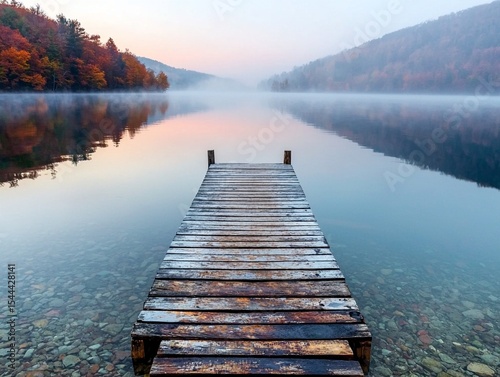 high-quality photograph, serene lakeside landscape at dawn with mist over the water and a wooden dock leading into the lake. Generative AI