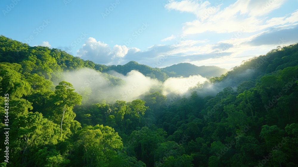 Obraz premium Lush green valley shrouded in morning mist, sunlight filtering through clouds
