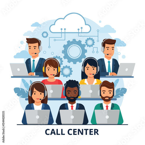  Call center team working on laptops with headphones – flat style cartoon illustration with cloud technology and gears in background.