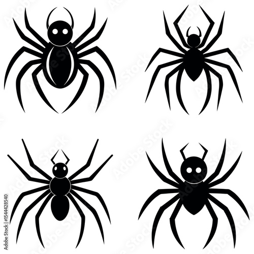 Four Silhouetted Spider Designs Simple Illustrations of Arachnids with Different Body Types and Leg Styles