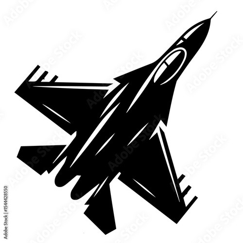 Black and white vector silhouette of a fighter jet on white background