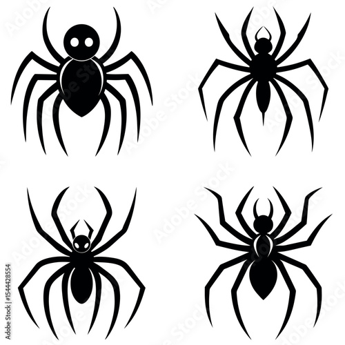 Four Black Spider Illustrations with Different Designs on a White Background Stock