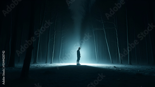 Una figura solitaria de pie en un claro iluminado por la niebla en medio de un bosque oscuro y denso.
