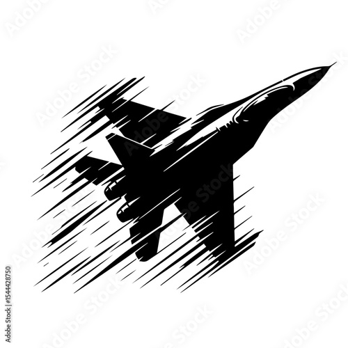 Black and white vector silhouette of a fighter jet on white background