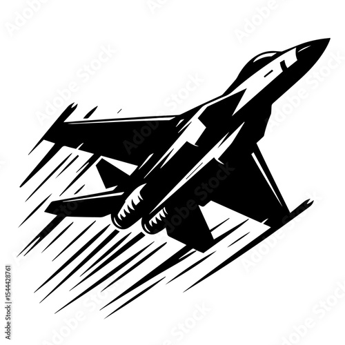 Black and white vector silhouette of a fighter jet on white background