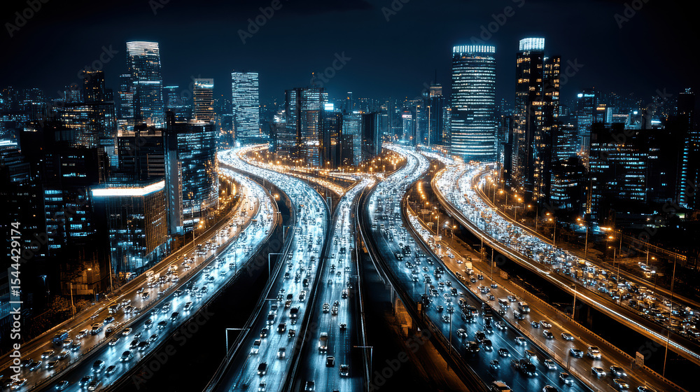 Fototapeta premium Aerial view of bustling city highway at night, illuminated by city lights and vehicle headlights