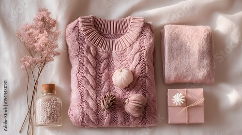 Cozy Pink Knit Sweater & Accessories Flatlay