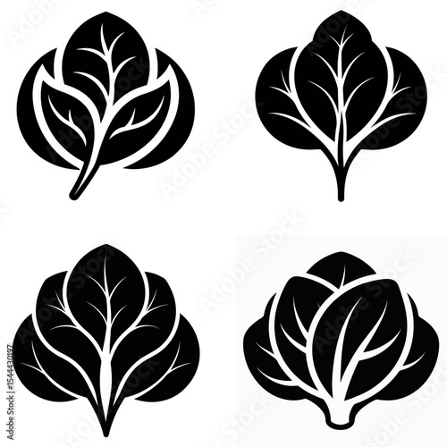 Four stylized spinach bunch icons in black and white, minimalist graphics