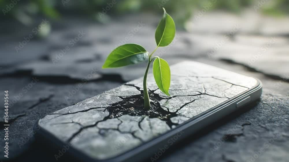 A young sprout emerging from a cracked phone on cracked earth.  A symbol of resilience and growth