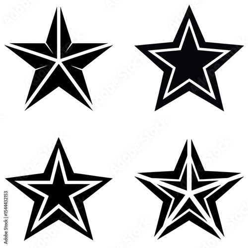 Four Black Star Illustrations Outlined, Layered, and Detailed on a White Background