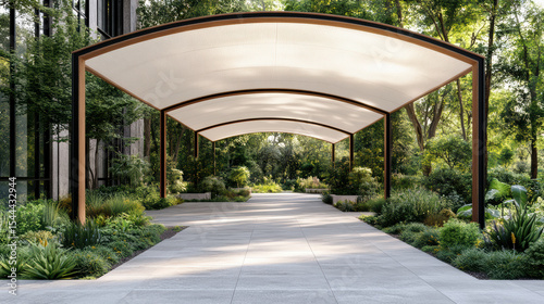 Modern canopy structure provides shade over landscaped pathway surrounded by lush greenery