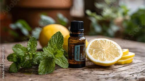 A bottle of essential oil with a sprig of mint and 3 lemon slices on a wooden table in a natural setting