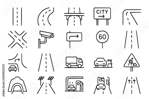 Road and Traffic Line Icons Set