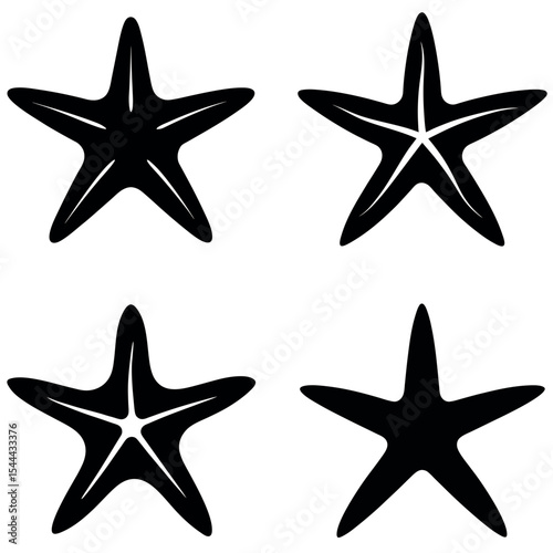 Four Black Starfish with Different Line Art Details Isolated on a White Background