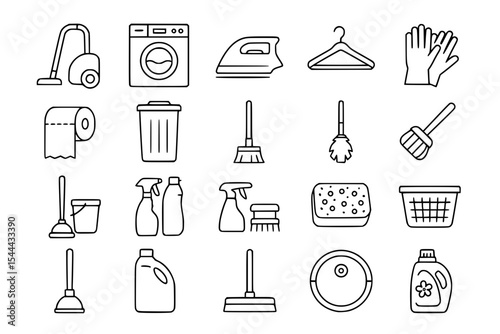 Cleaning and Household Chores Line Icons Set. Cleaning, household, chores, tidy, clean, sanitize, hygiene, domestic, broom, mop, bucket, sponge, brush, dustpan, vacuum cleaner, washing machine, laundr