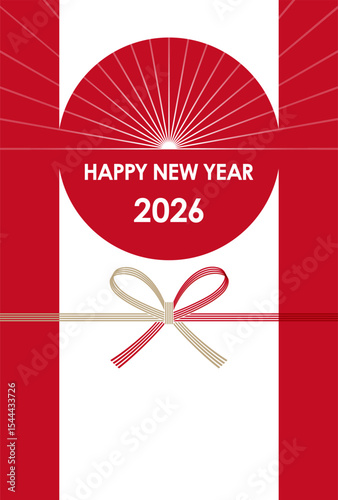The Year 2026 New Year’s Greeting Card Template With A Rising Sun Symbol And Japanese Vintage Mizuhiki - Colored Paper Strings. Vector Illustration. 