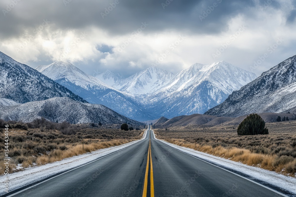 Naklejka premium A paved road winds through a wintry mountain pass