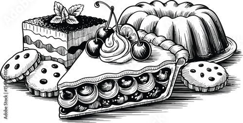 A monochrome drawing of assorted desserts including pie and cookies