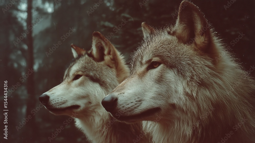 Obraz premium Vintage 35mm photo of wild wolves showing teeth in forest with muted tones, deep shadows, grainy film, warm tungsten light and cinematic atmosphere of isolation and mystery.