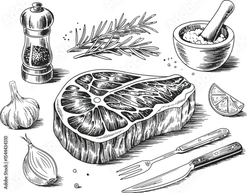 Illustration of steak with herbs and spices in monochrome style
