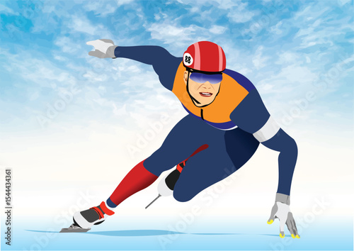 036-01-Professional speed skater competing in a race on an ice rink under a cloudy blue sky