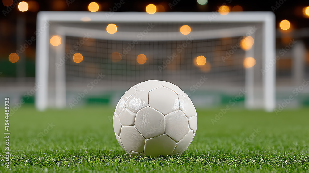 Fototapeta premium A close-up of a soccer ball resting on green grass, with a blurred goal post in the background, capturing the essence of the game.