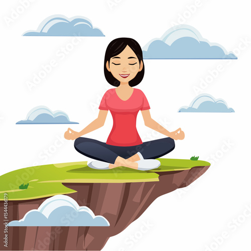 Woman meditating on mountain cliff above the clouds. Alone travel healthy lifestyle