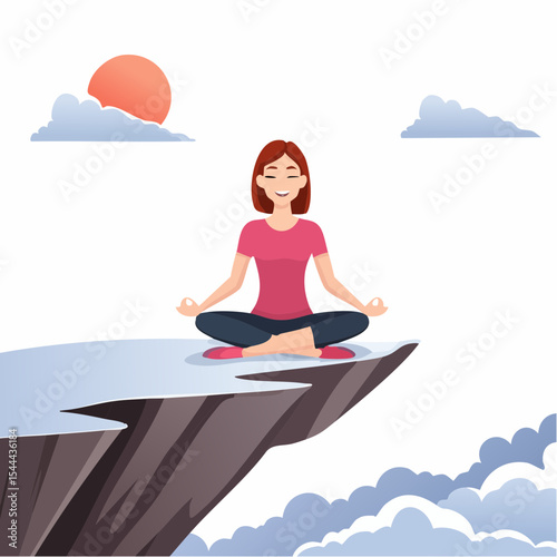 Woman meditating on mountain cliff above the clouds. Alone travel healthy lifestyle