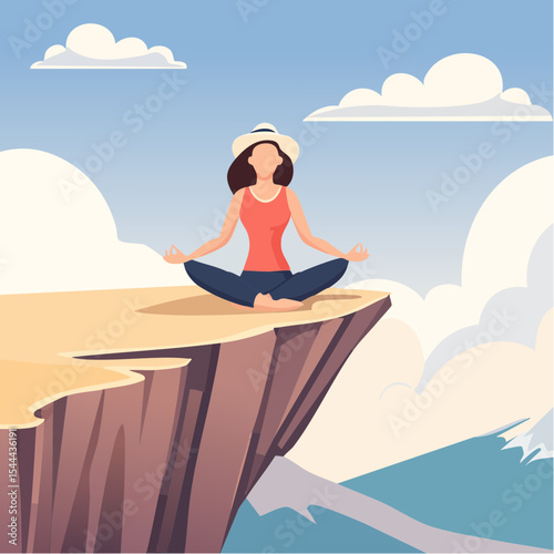 Woman meditating on mountain cliff above the clouds. Alone travel healthy lifestyle
