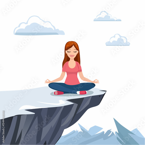 Woman meditating on mountain cliff above the clouds. Alone travel healthy lifestyle