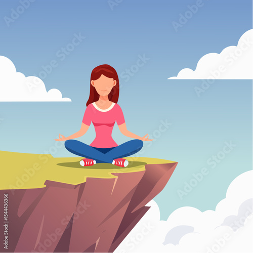 Woman meditating on mountain cliff above the clouds. Alone travel healthy lifestyle