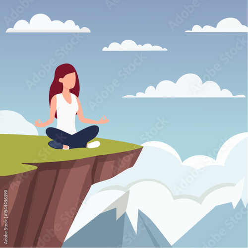 Woman meditating on mountain cliff above the clouds. Alone travel healthy lifestyle