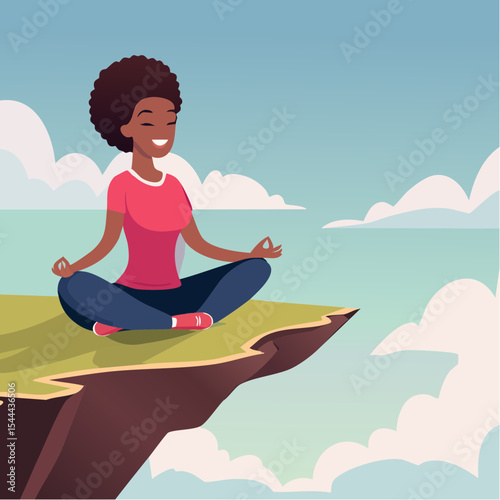 Woman meditating on mountain cliff above the clouds. Alone travel healthy lifestyle