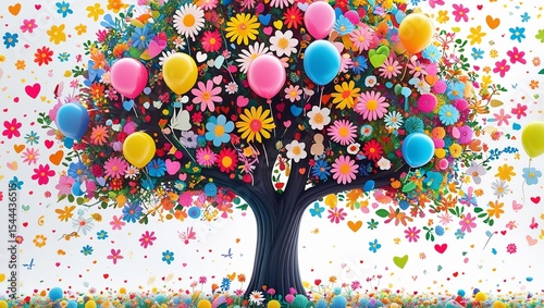 Vibrant Birthday Tree with Balloons and Flowers Illustration