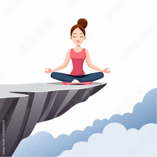 Woman meditating on mountain cliff above the clouds. Alone travel healthy lifestyle