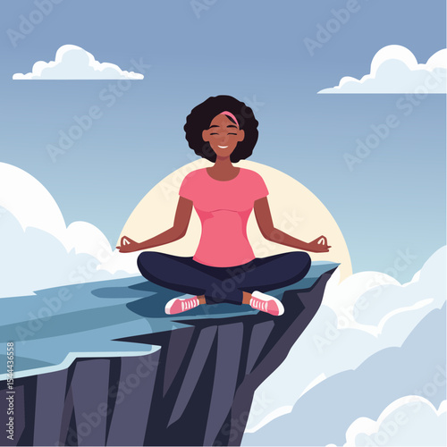 Woman meditating on mountain cliff above the clouds. Alone travel healthy lifestyle