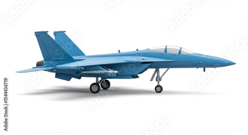 Sleek blue fighter jet model sharply detailed against white background. AI Generated