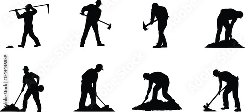 Silhouettes of workers using various tools on a white background
