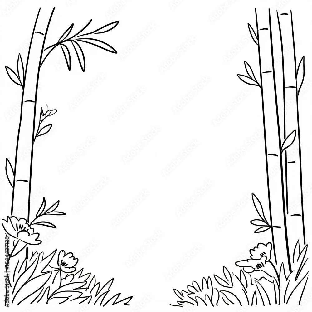 Naklejka premium A serene garden scene with bamboo, flowers, and a distant pagoda, captured with soft brushstrokes creating tranquility.