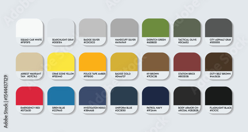 Police Officer Color Palette, Police Officer Color Guide Palette with Color Names. Catalog Samples of Police Officer with RGB HEX codes and Names. Police Colors Palette, Fashion Trend Color Palette