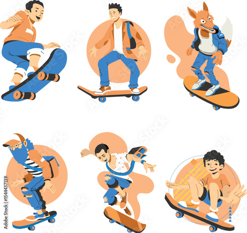 Skateboard sports icons dynamic characters. Awesome skaters to use in your design vector design illustrations.