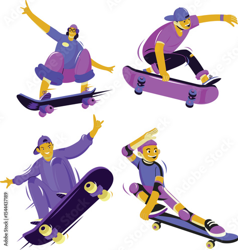 Skateboard icons dynamic vector bundle set. Collection of jumping and somersault guys with skates. Street skateboarding. Graphic vector design illustrations.